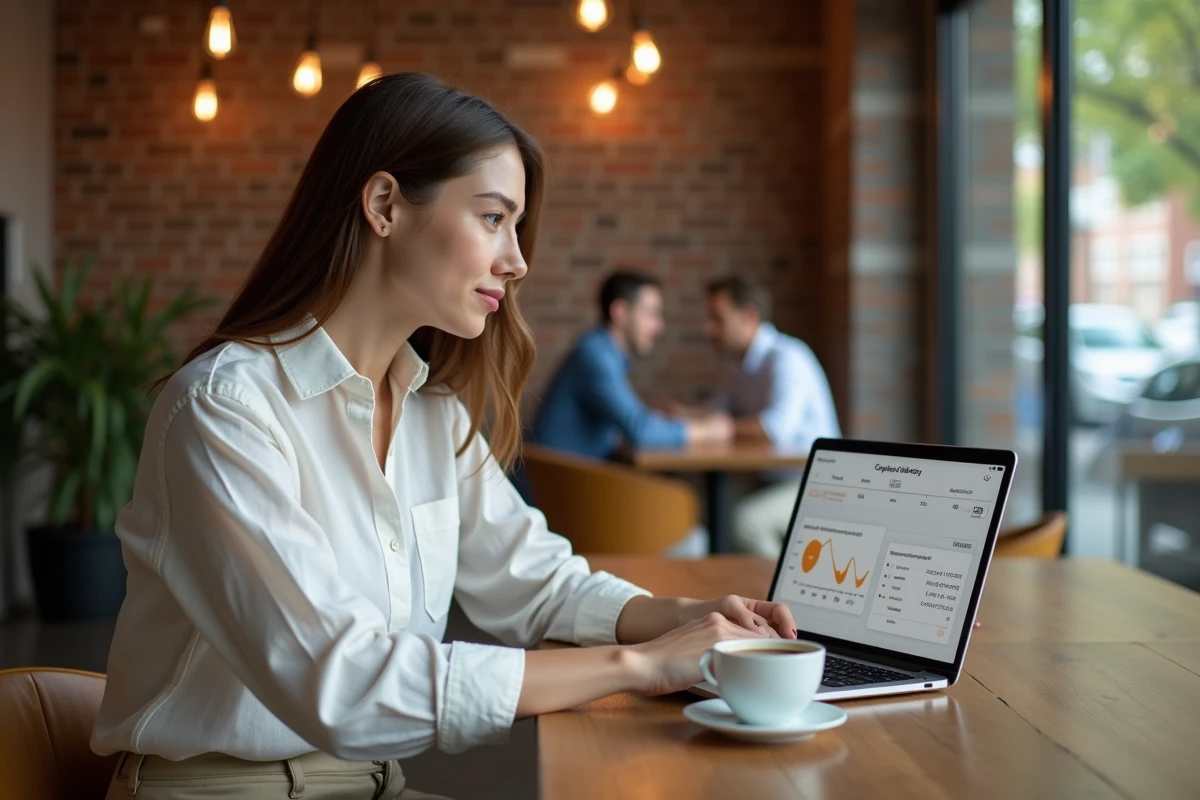 Femme consultant un tableau de bord d'épargne crypto sur ordinateur portable dans un café moderne