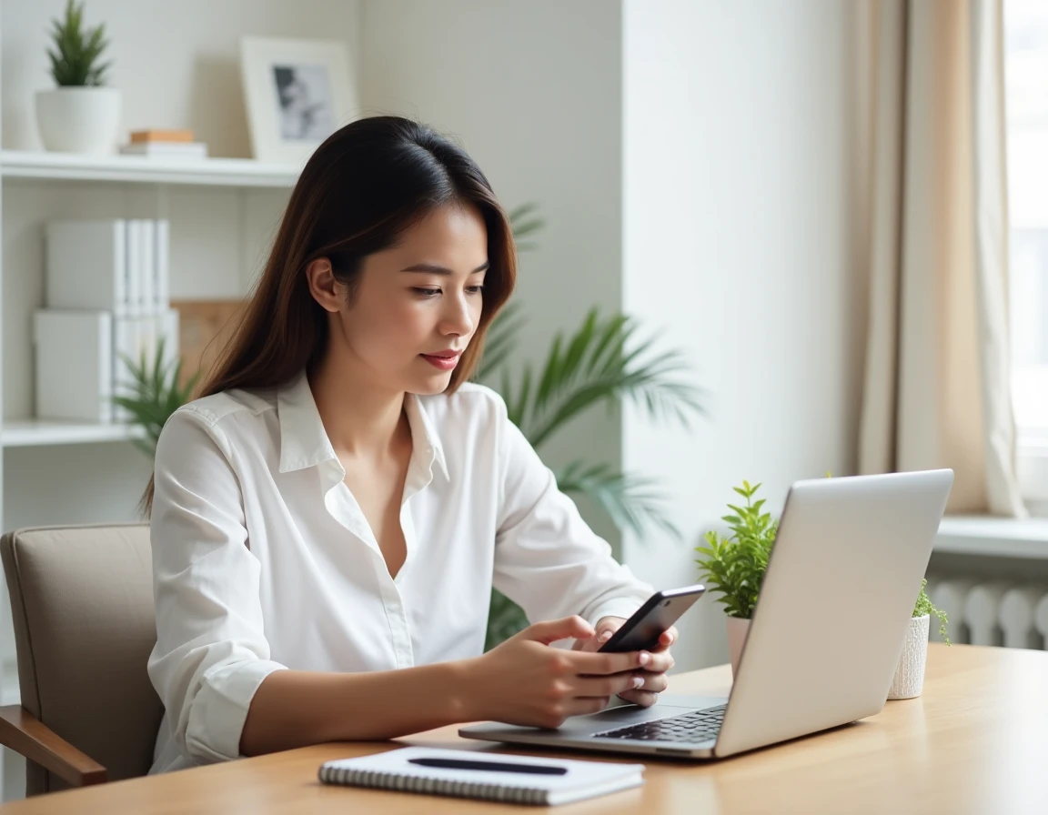 Jeune femme gérant son compte Société Générale sur mobile depuis son bureau à domicile