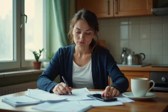Femme consultant ses fiches de paie à la table de cuisine pour calculer son éligibilité à la prime d'activité