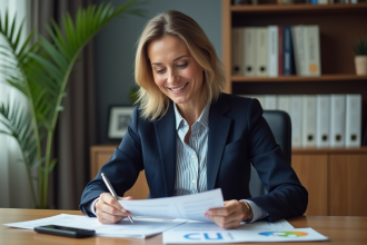 Femme d affaires en blazer bleu dans un bureau moderne