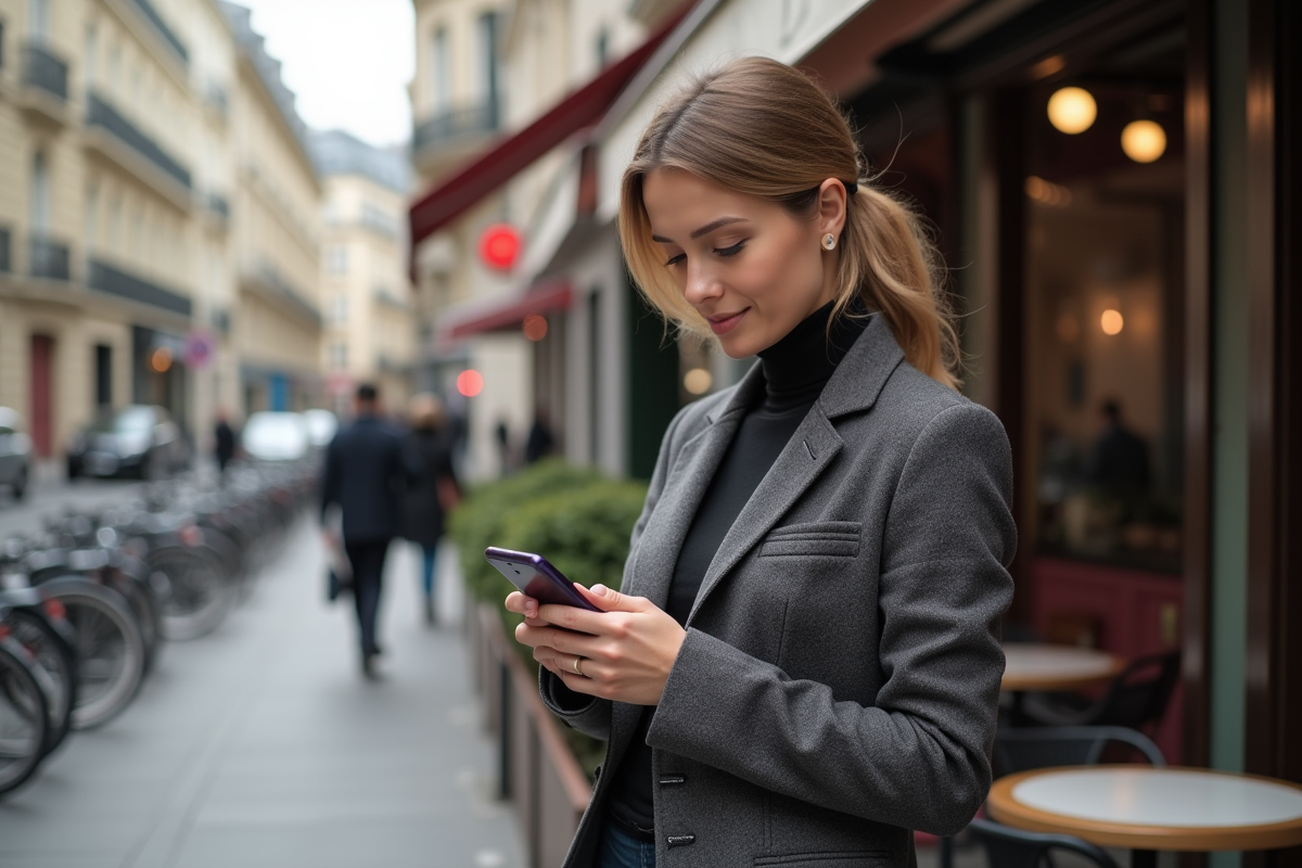 Femme française vérifiant une application financière dans une rue parisienne