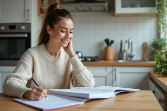 Femme en cuisine examinant des documents financiers