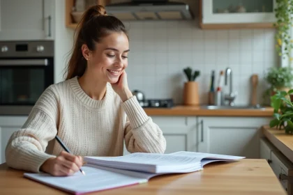 Femme en cuisine examinant des documents financiers
