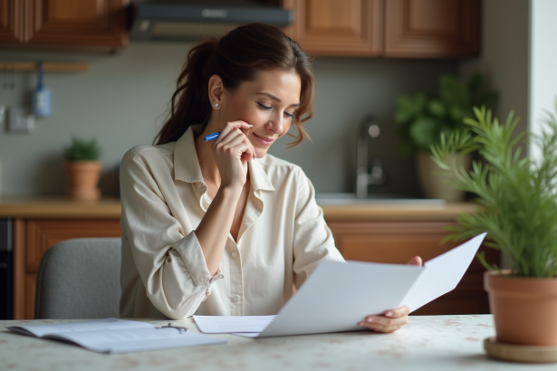 Femme d'âge moyen en tenue professionnelle dans une cuisine, examinant des documents financiers