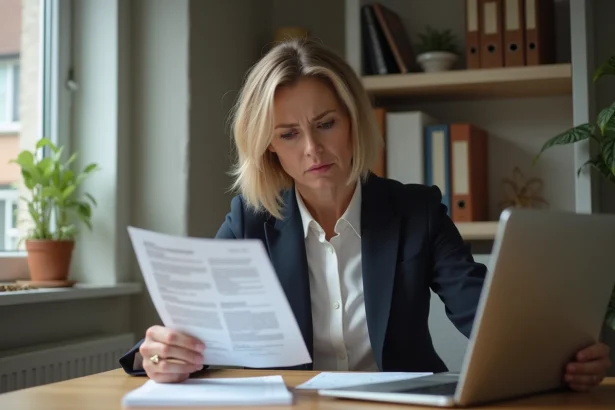 Femme d'âge moyen examinant une notice fiscale à son bureau