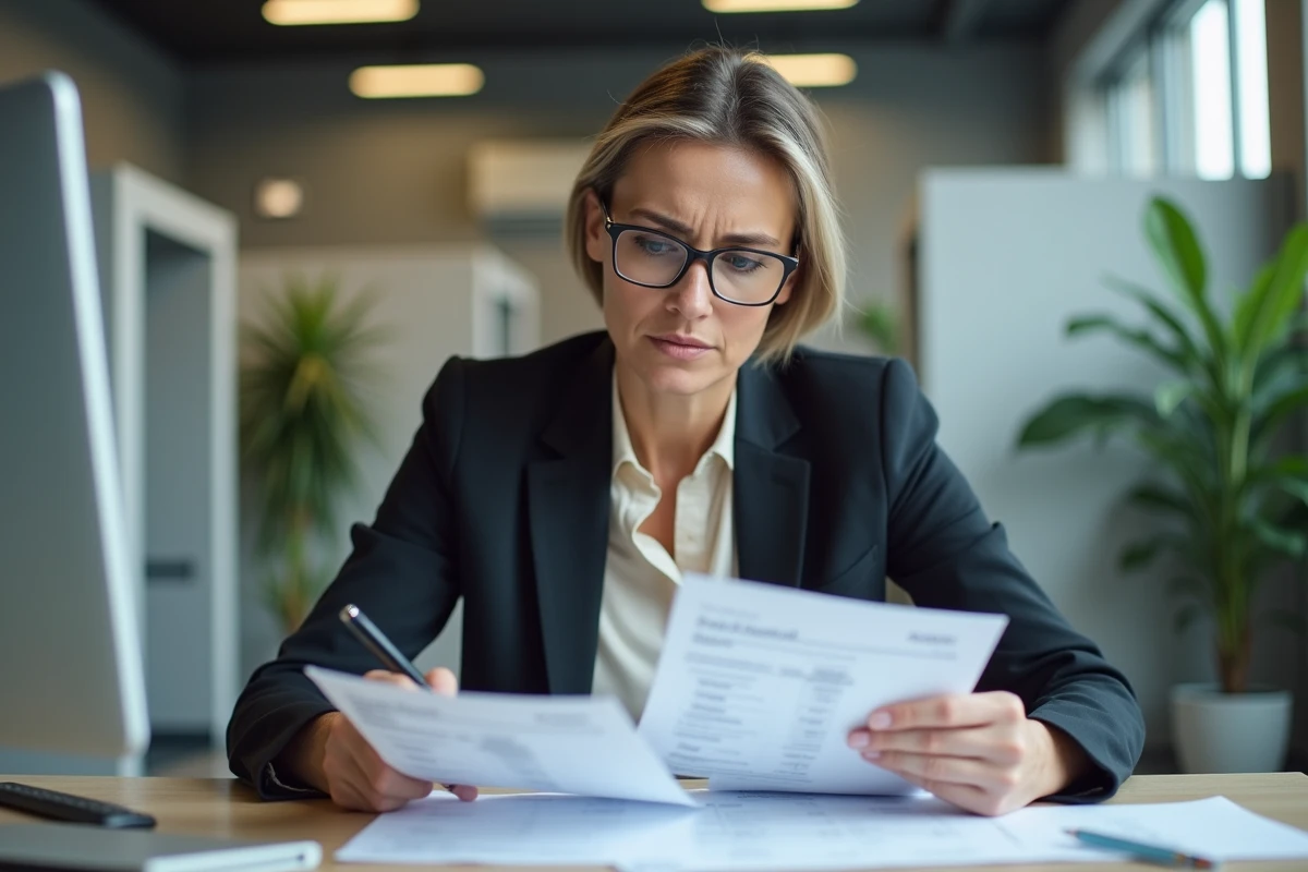Femme fonctionnaire qui examine un bulletin de salaire avec des heures supplémentaires imposables à son bureau