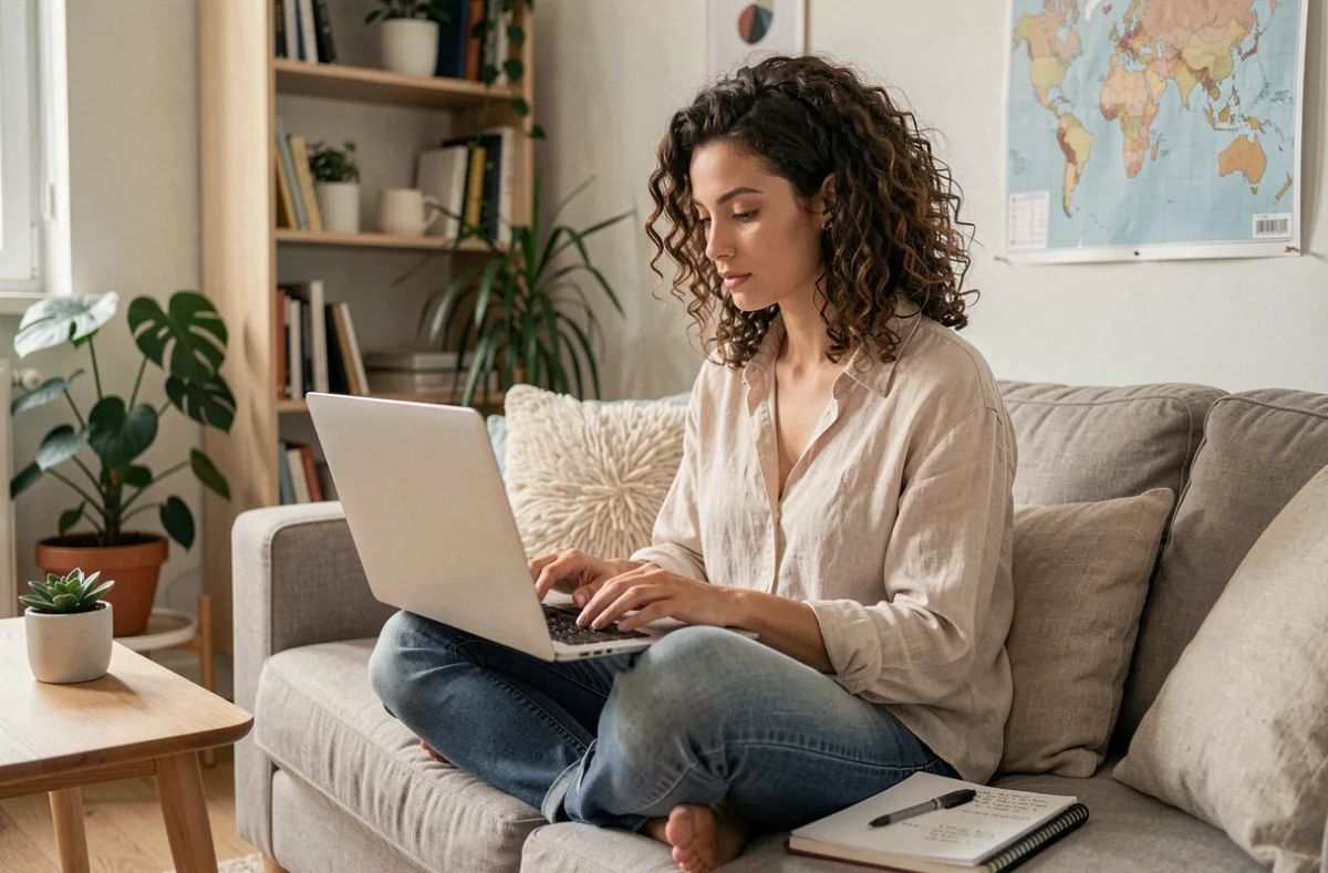Jeune femme gérant une cagnotte de voyage entre amis sur son ordinateur portable dans un appartement moderne et minimaliste