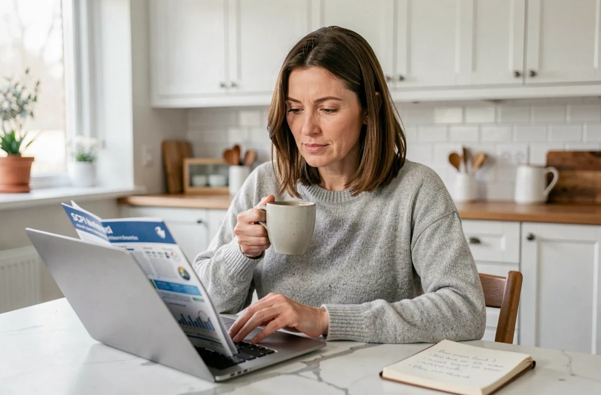 Femme consultant un guide d'investissement SCPI sur ordinateur portable dans une cuisine moderne