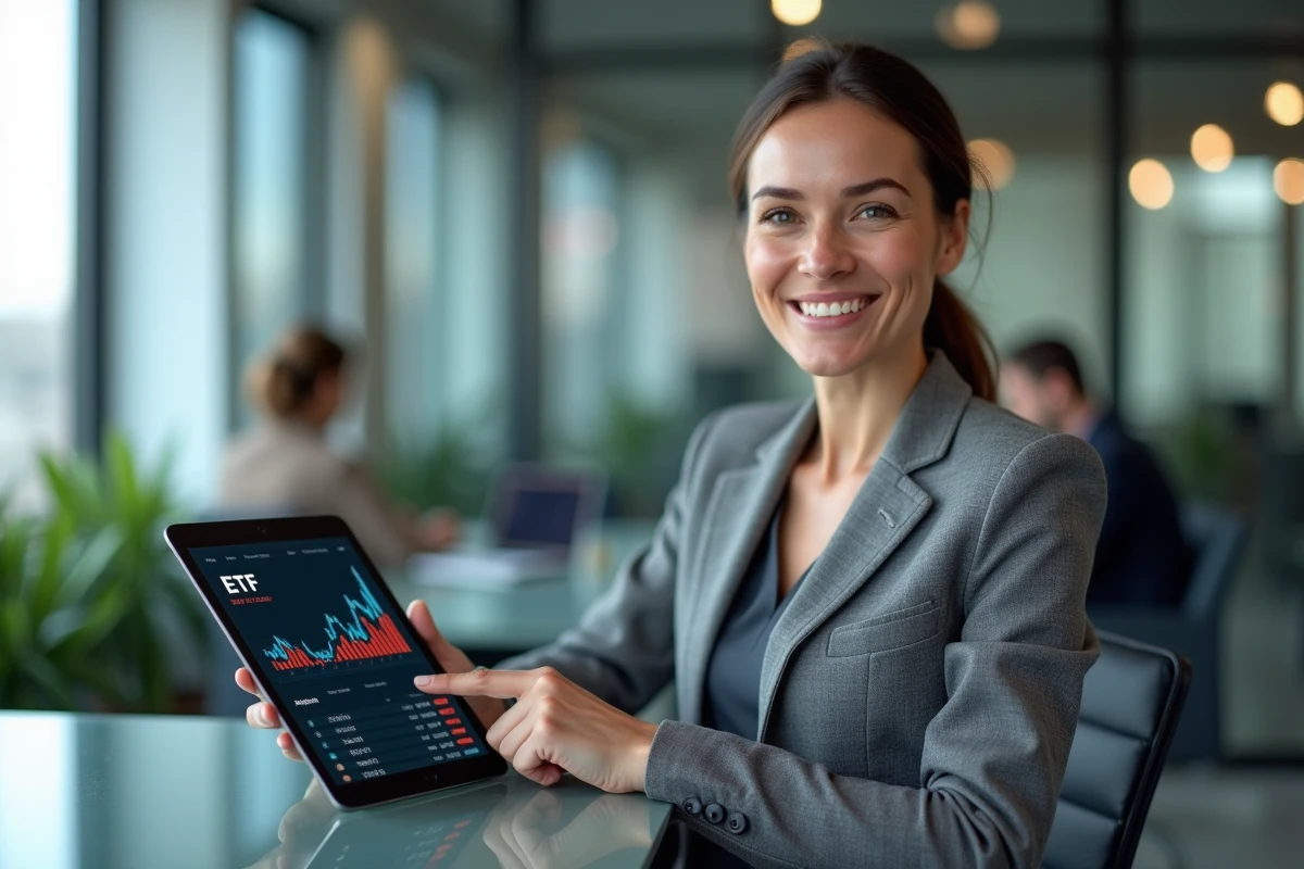 Femme investissant dans des ETF via un PEA Boursorama sur tablette dans un bureau financier professionnel