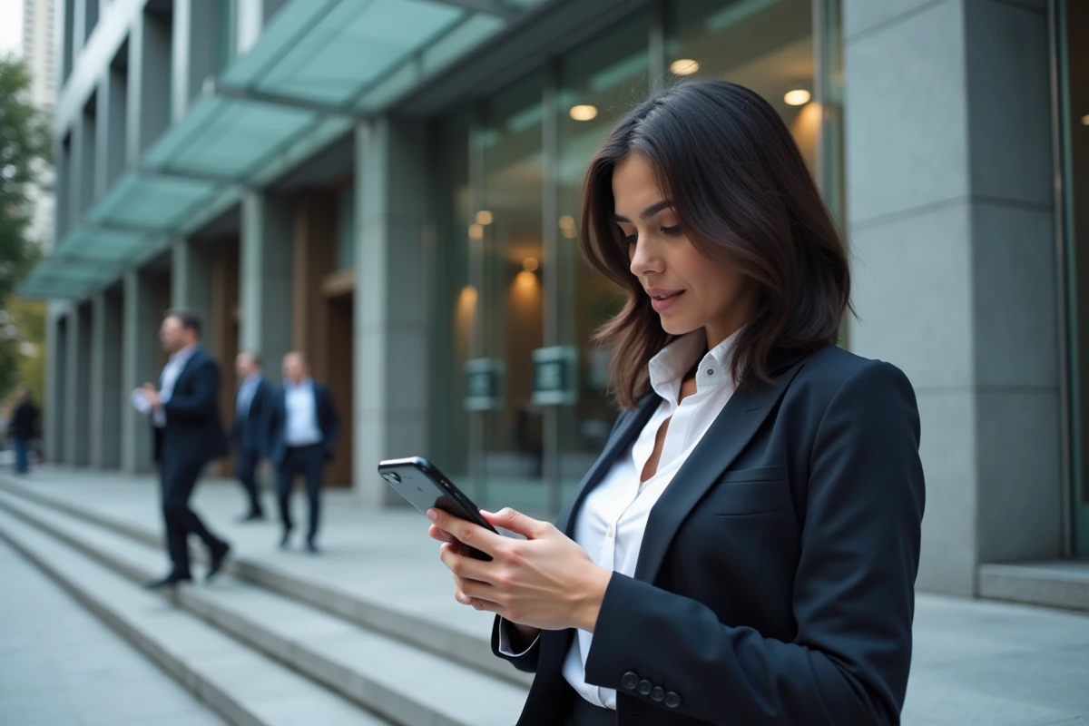 Femme vérifiant ses investissements sur smartphone dans un environnement urbain