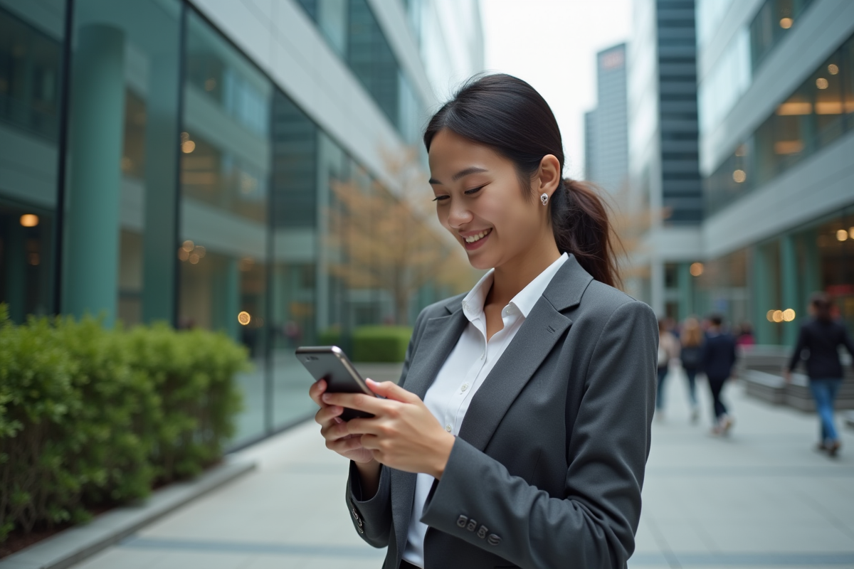 Jeune femme vérifiant ses investissements avec son smartphone en ville