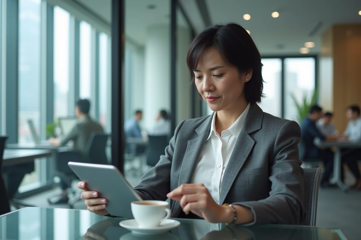 Femme investisseur évaluant des actualités financières sur une tablette dans un espace de bureau contemporain