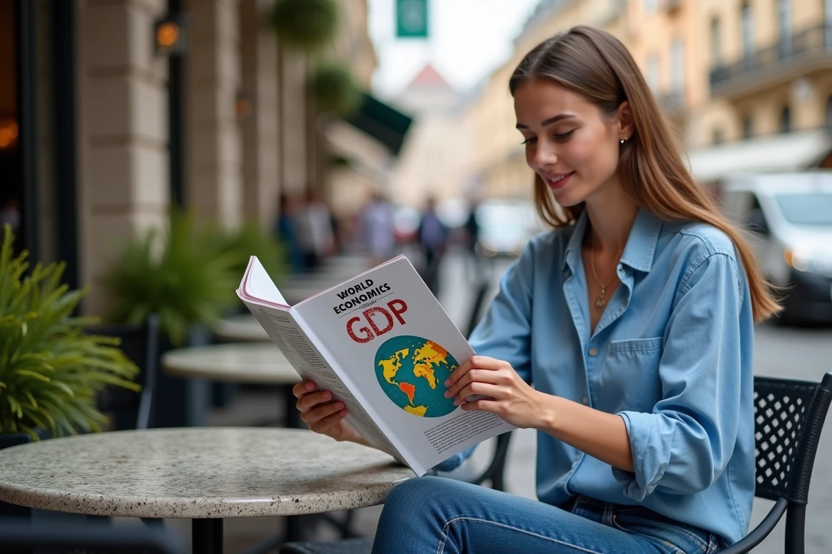 Jeune femme lisant un magazine économique en terrasse de café
