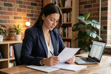 Femme professionnelle consultant des documents d'assurance responsabilité civile professionnelle à son bureau