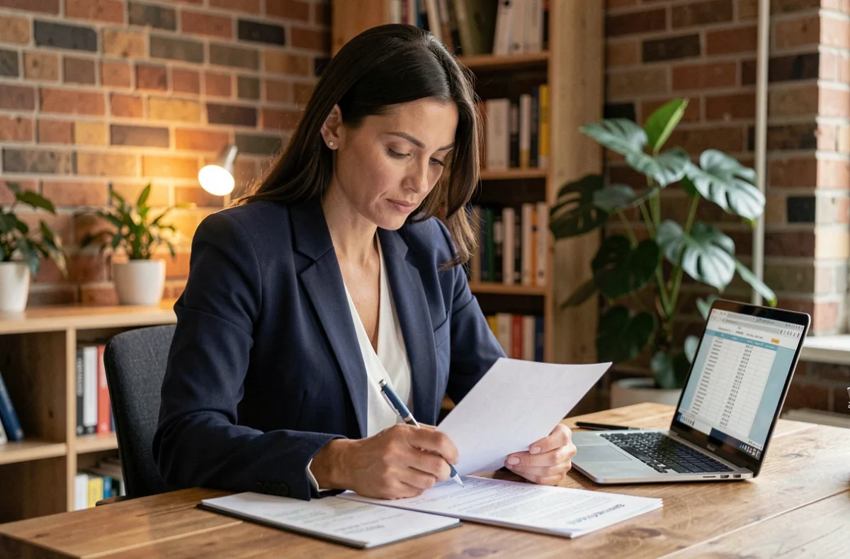 Femme professionnelle consultant des documents d'assurance responsabilité civile professionnelle à son bureau