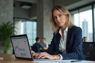 Femme professionnelle analysant les frais d'une banque en ligne pour les pros sur son ordinateur portable dans un bureau moderne