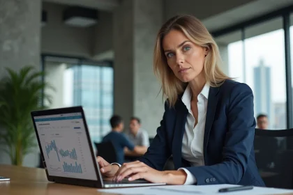 Femme professionnelle analysant les frais d'une banque en ligne pour les pros sur son ordinateur portable dans un bureau moderne