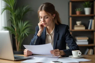 Femme professionnelle examinant des documents de prêt immobilier