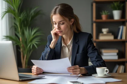 Femme professionnelle examinant des documents de prêt immobilier