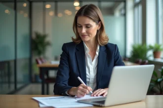 Femme en blazer navy travaillant à son bureau