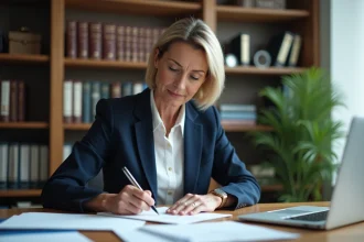 Femme rédigeant une adresse sur une enveloppe pour envoyer un courrier recommandé à ACM IARD SA