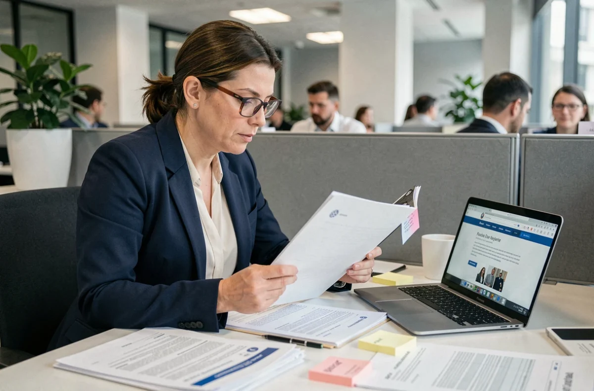 Femme professionnelle relisant attentivement un dossier administratif avant de le déposer, erreurs à éviter pour GFC 2026