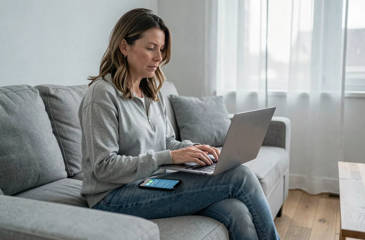 Femme effectuant une demande de résiliation d'assurance de prêt en ligne depuis son canapé