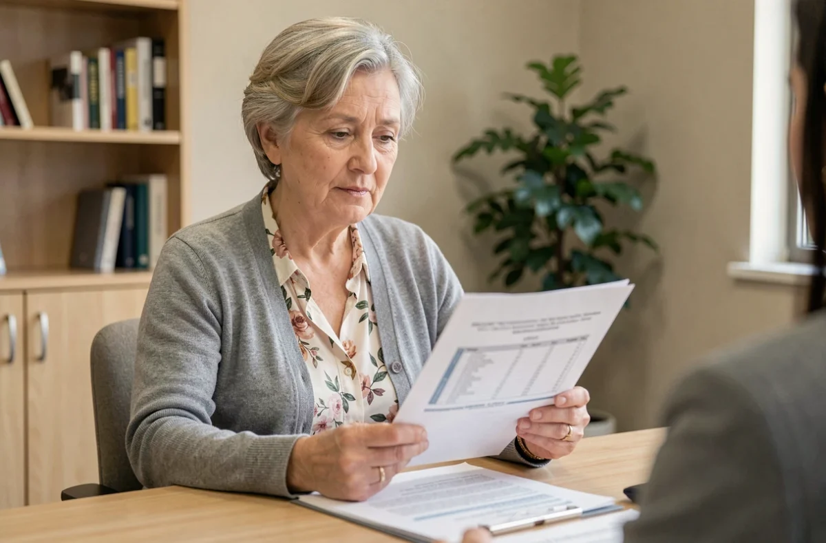 Femme retraitée consultant un conseiller financier au sujet de la CSG sur les retraites en 2026