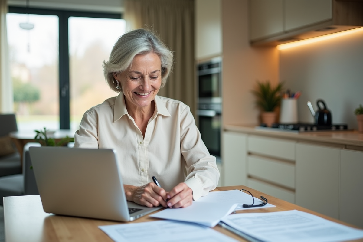 Femme retraitée souriante consulte ses papiers de pension