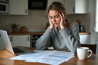 Femme consultant ses relevés bancaires et documents financiers pour comprendre l'impact des revenus de placement sur ses aides CAF