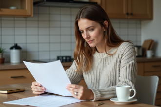Femme en cuisine examinant des documents avec concentration