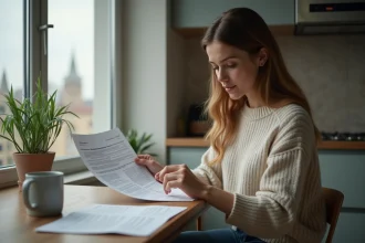 Femme en cuisine examine des documents officiels