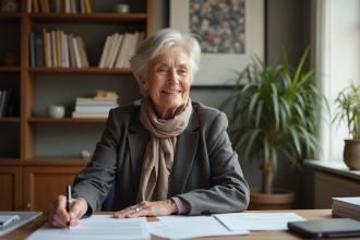 Femme senior en bureau cosy et lumineux