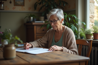 Femme âgée lisant des documents dans la cuisine française