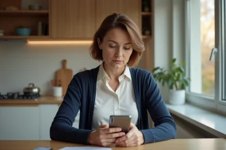 Femme d'âge moyen utilisant un service vidéo relay sur son smartphone dans une cuisine moderne