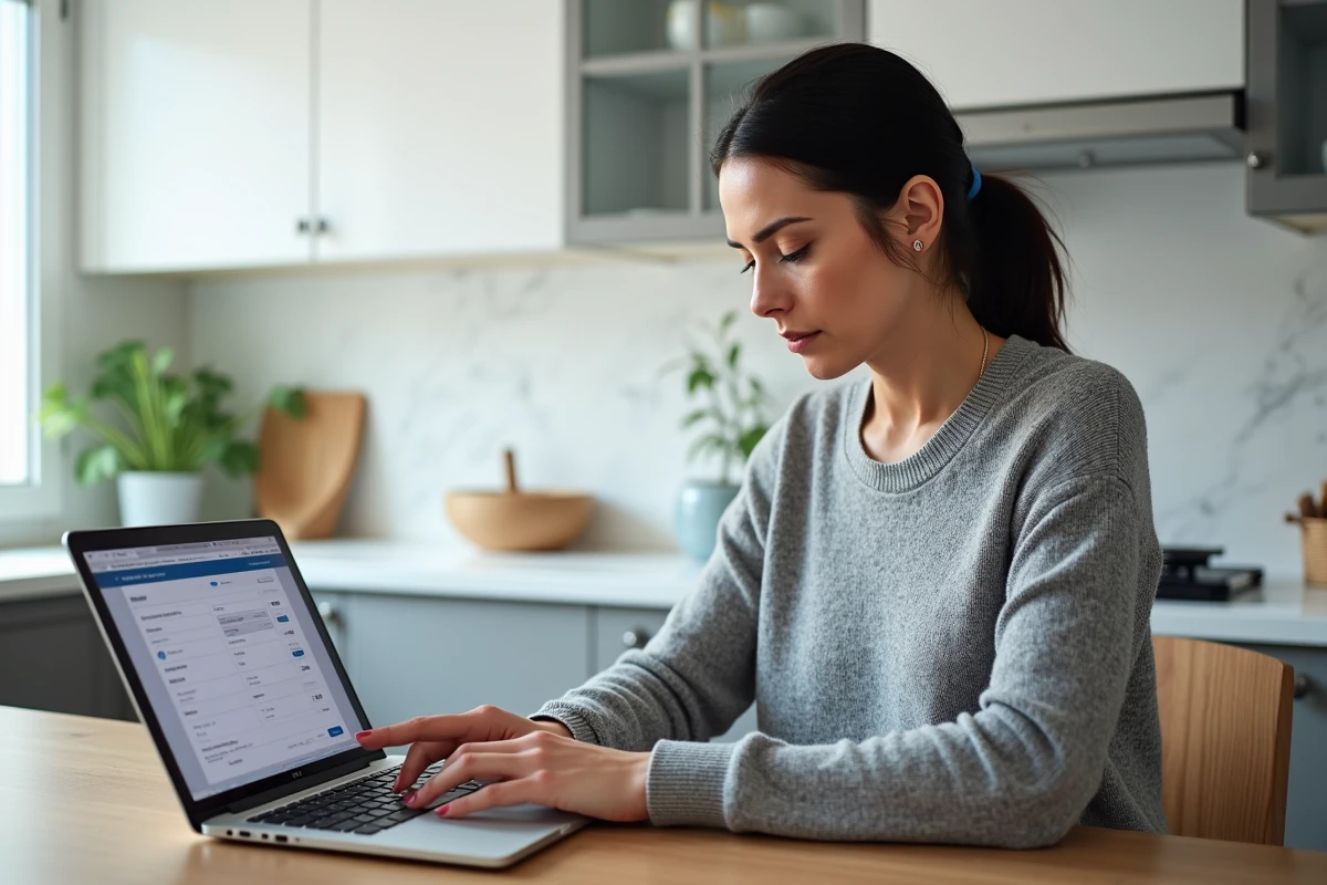 Femme utilisant un simulateur d'impôt en ligne sur ordinateur portable dans une cuisine moderne, case 2BH déclaration fiscale