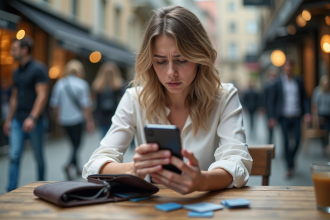 Jeune femme inquiète avec smartphone et portefeuille