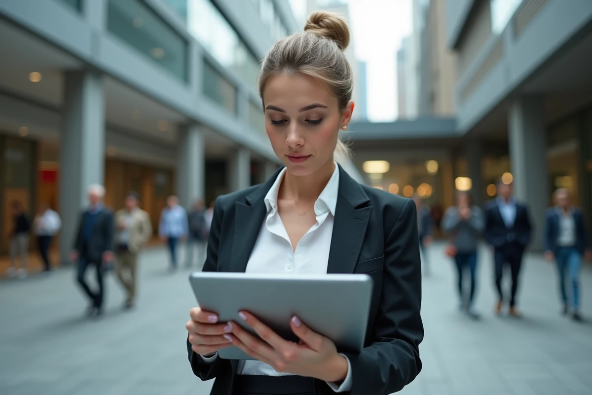 Femme vérifiant son téléphone dans un quartier financier