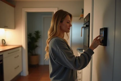 Femme ajustant un thermostat électrique mural dans une cuisine moderne la nuit pour optimiser les heures creuses EDF
