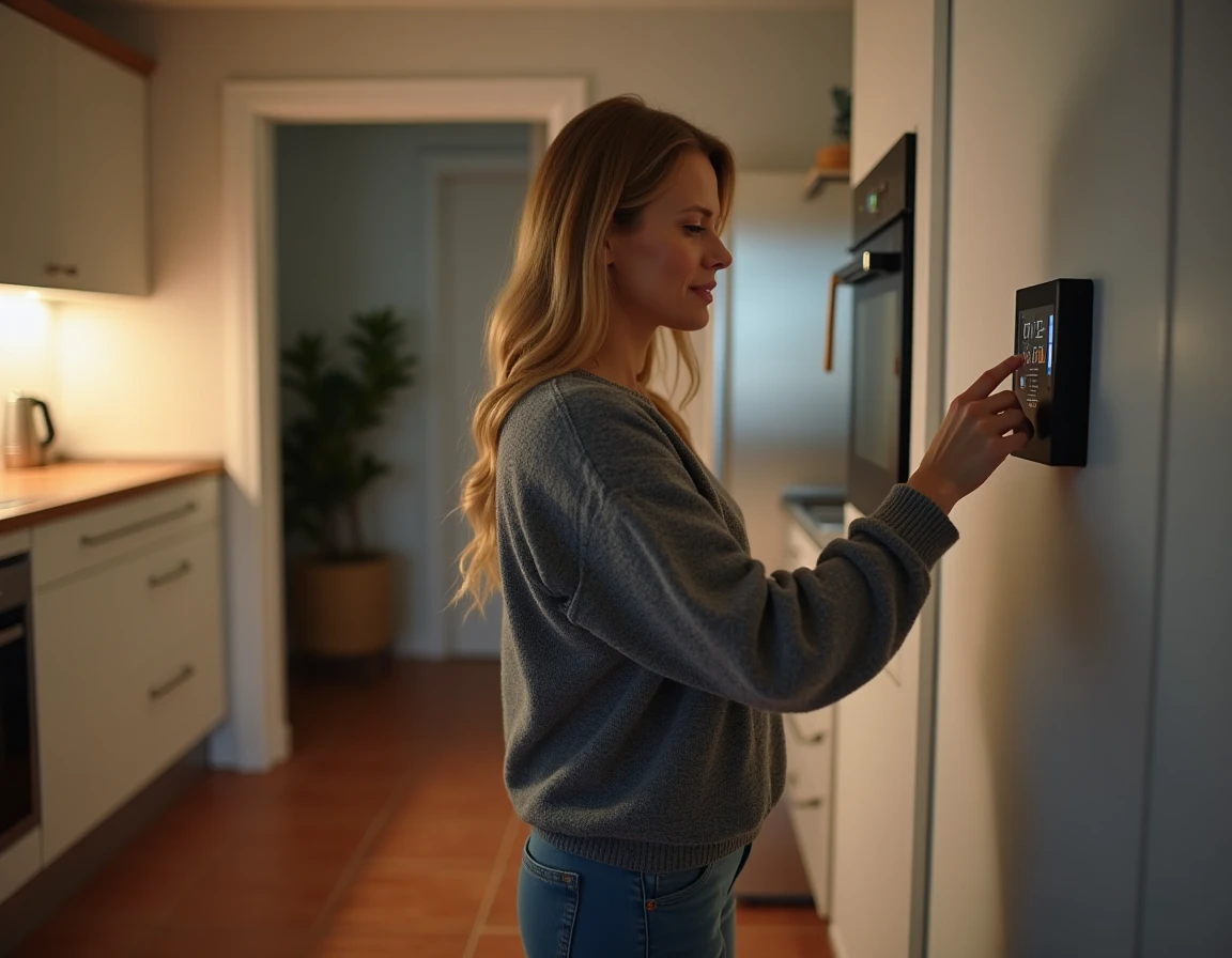 Femme ajustant un thermostat électrique mural dans une cuisine moderne la nuit pour optimiser les heures creuses EDF
