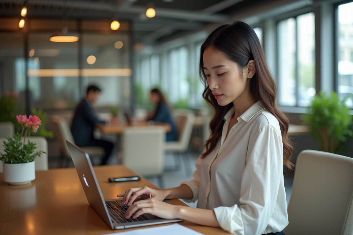 Jeune femme en coworking concentrée sur son ordinateur