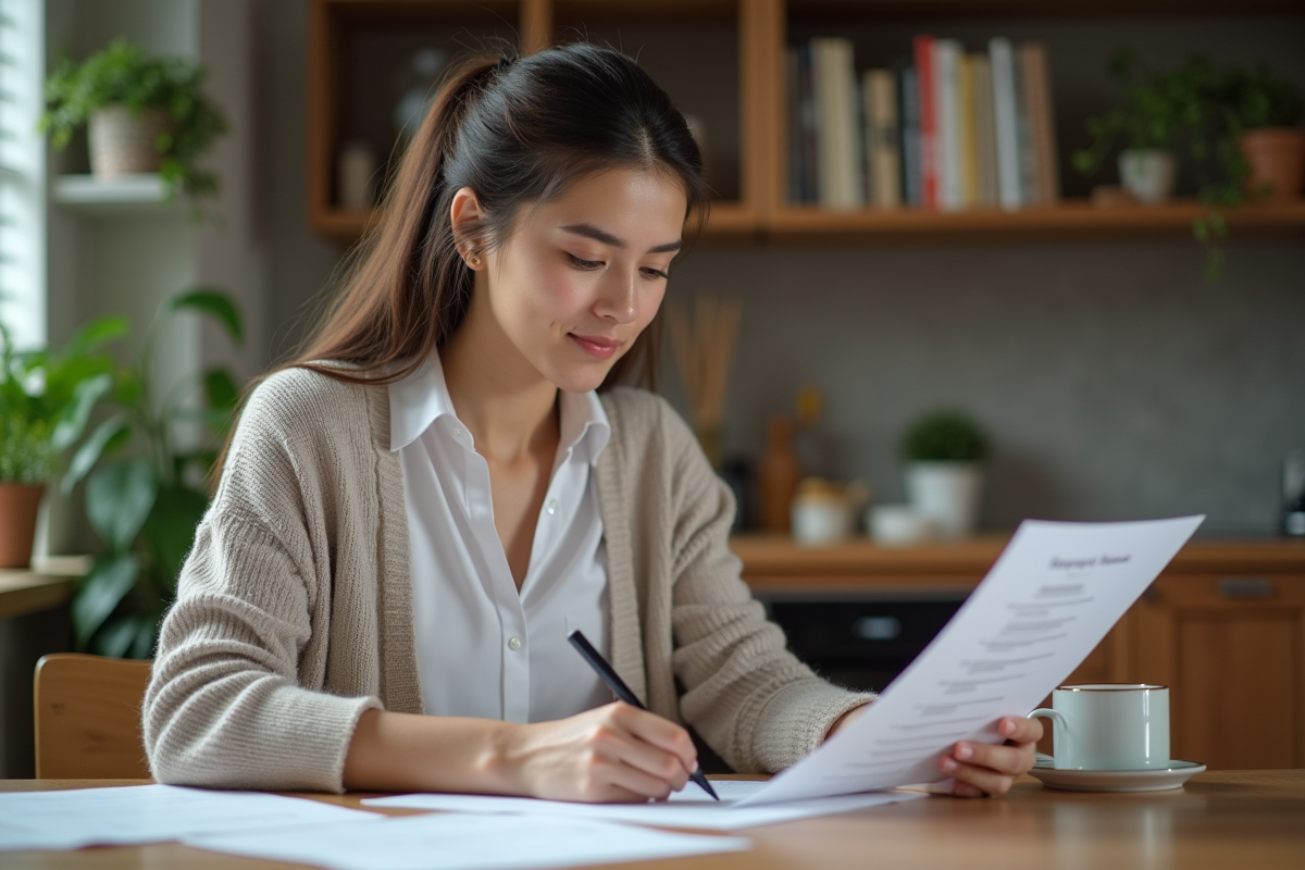 Femme concentrée travaillant à la maison dans une cuisine chaleureuse
