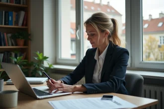 Femme en bureau à domicile examinant des formulaires fiscaux