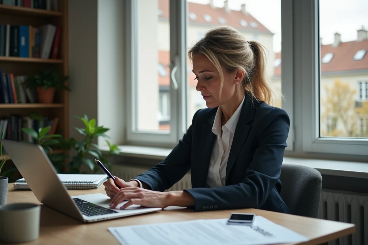 Femme en bureau à domicile examinant des formulaires fiscaux