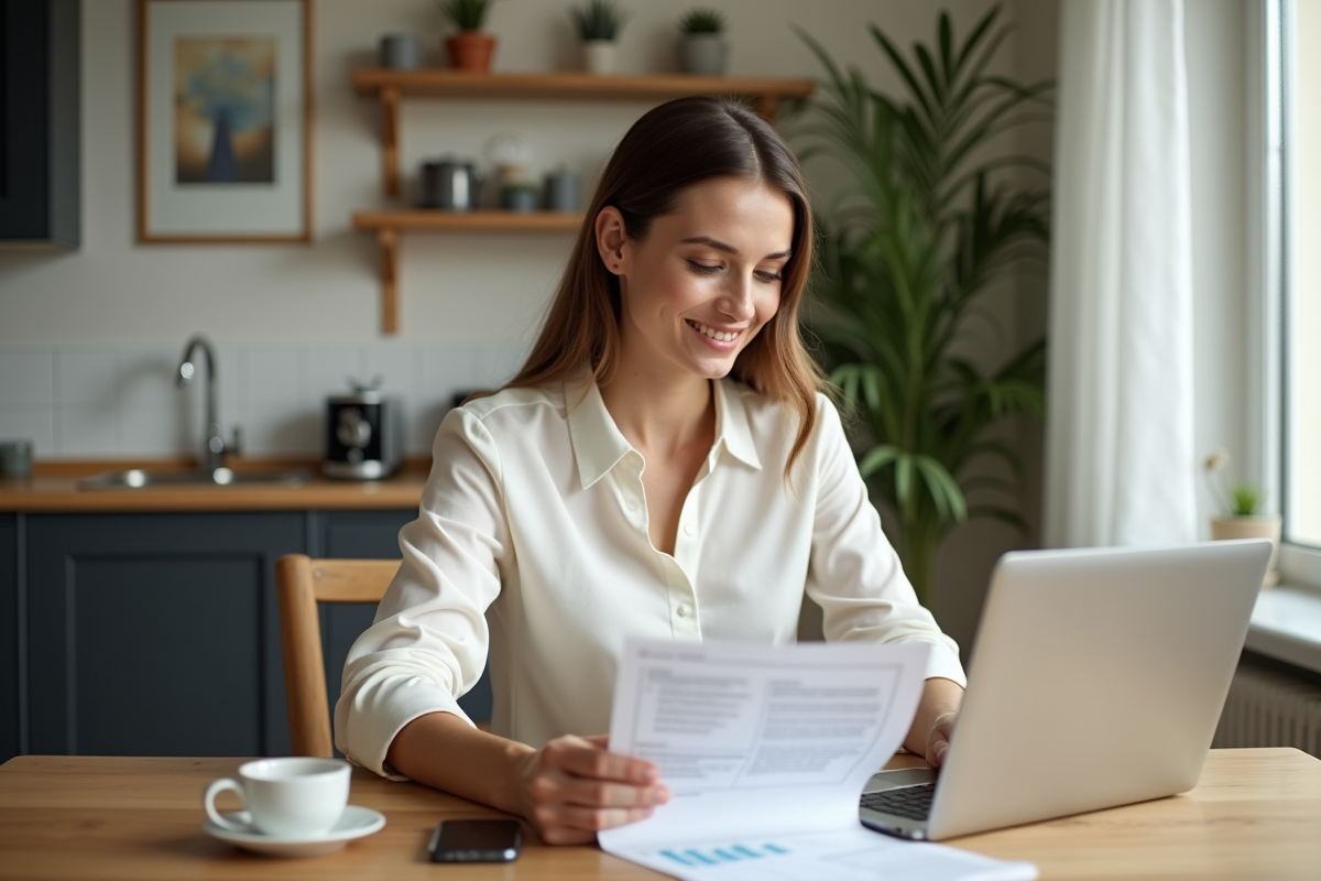 Jeune femme utilisant un ordinateur dans sa cuisine lumineuse