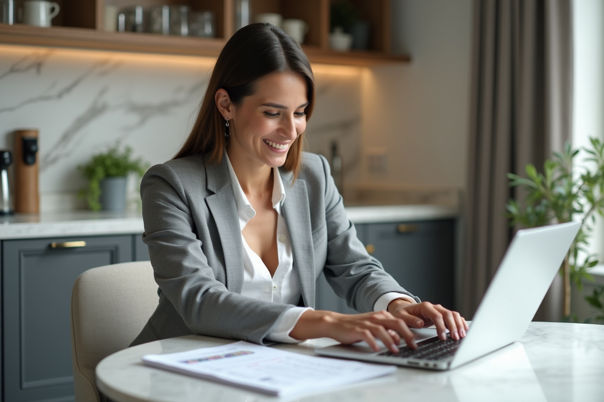 Jeune femme professionnelle travaillant sur un ordinateur dans une cuisine moderne