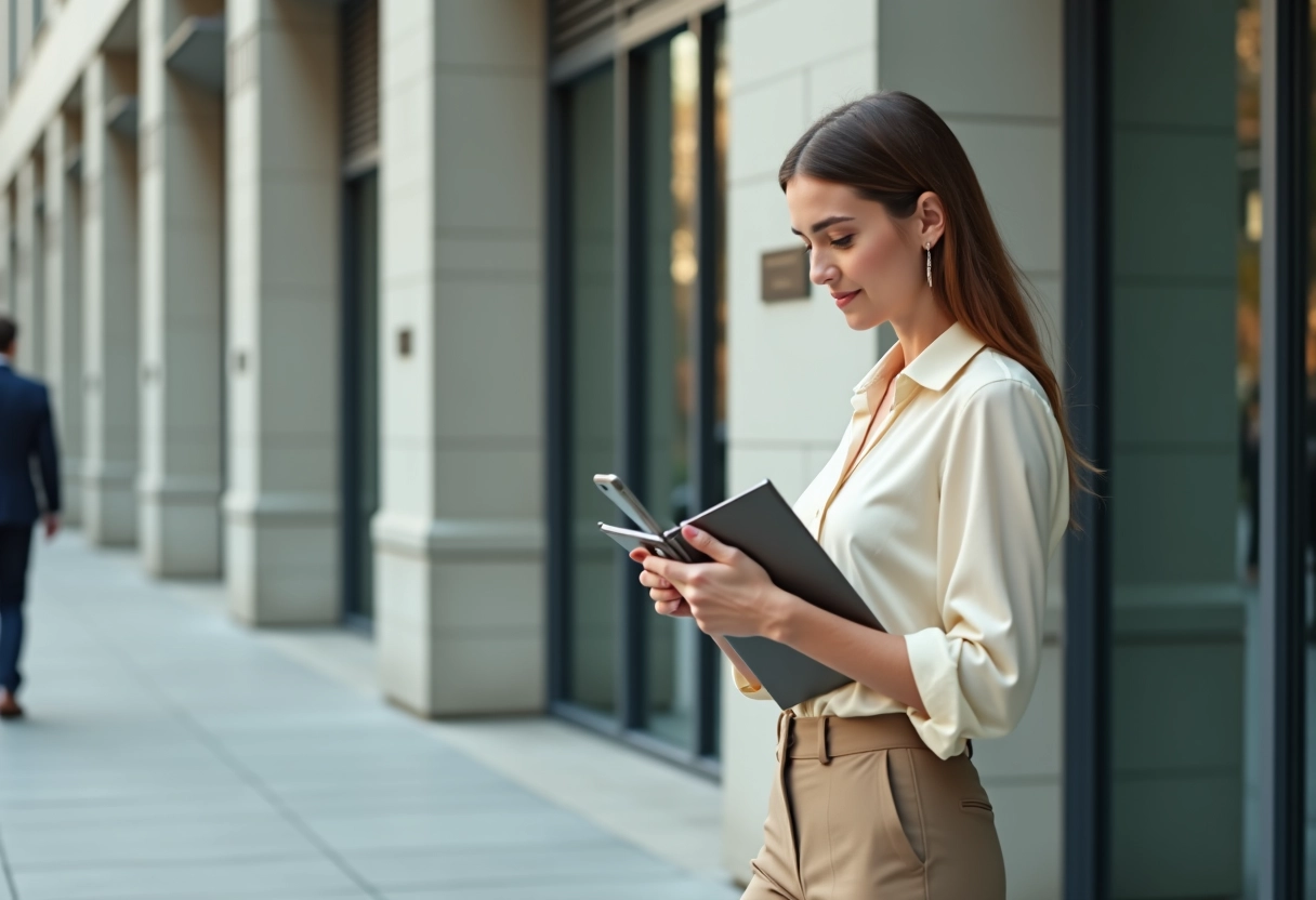 Femme vérifiant son téléphone devant un bâtiment administratif moderne