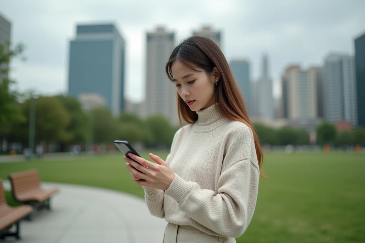 Jeune femme vérifiant ses actions sur smartphone dans un parc urbain