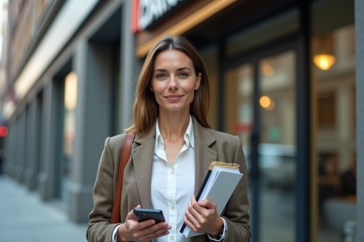 Femme d affaires dehors tenant son smartphone et carnet