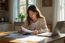 Jeune femme vérifiant ses factures et contrats à la maison